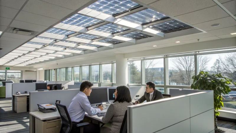 Office workers collaborating at desks under natural daylight from ceiling mounted SunTracker systems