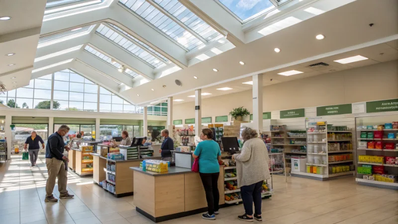 Retail store interior with employees and customers under bright natural daylight from skylights