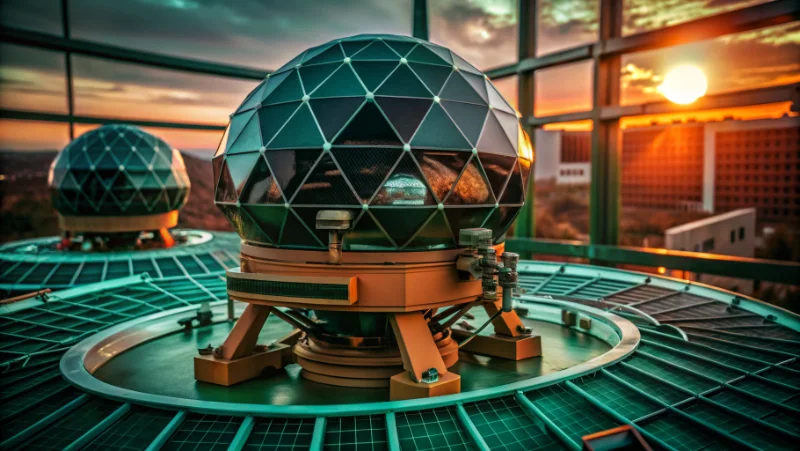 GPS controlled solar tracking dome with triple mirror array installed on commercial building roof