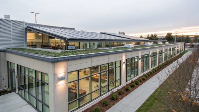 Modern office building with Ciralight daylighting systems installed on roof reducing electricity consumption
