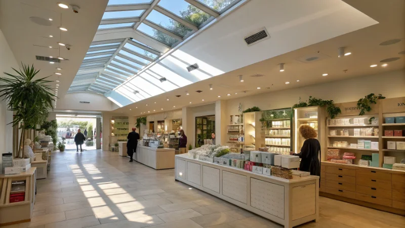 Retail store interior with natural daylight from ceiling skylights reducing artificial lighting needs