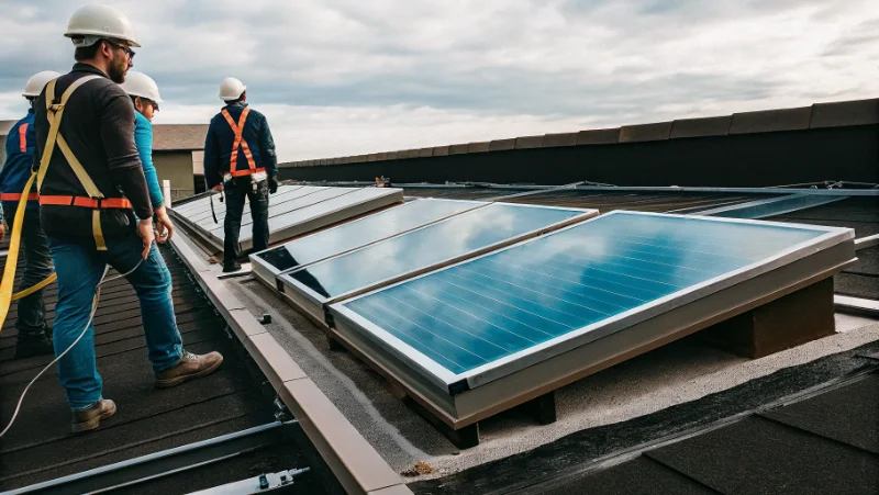Workers installing daylighting system on flat commercial building roof
